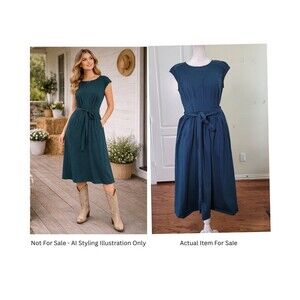 eShakti Cotton Midi Dress Green Women 10 Belted Fit Flare Cottagecore Career